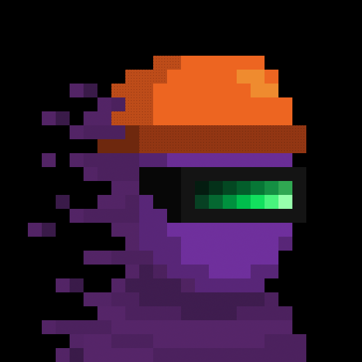 zkSNARK pixel-art character with a purple face, green visor, and orange hat